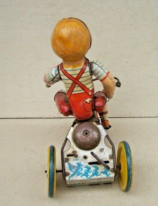 Vintage Unique Art Kiddy Cyclist Pressed Steel Tin Litho Wind - Up Toy FOR REPAIR 3