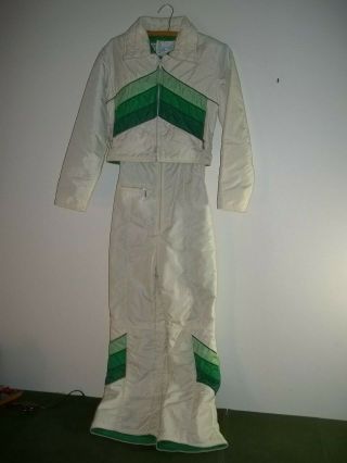 Vintage Swing West Women’s Ski Jacket Bibs Suit 1980’s White Green Size Small S