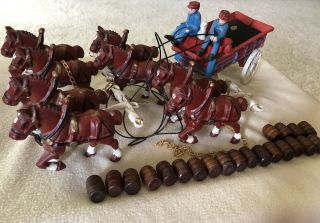 Vintage Cast Iron Budweiser Clydesdale Wagon Beer Wagon 2 - Guys 8 - Horses 1 Dog