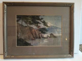 Vintage Japanese Woven Rough Silk And Painted Mount Fuji Scene Framed Picture