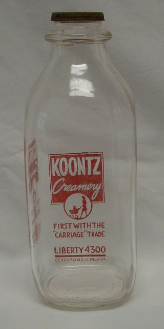 Vintage 1 Quart Koontz Creamery Glass Milk Bottle With Metal Koontz Cap