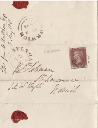 1843 Qv Aylsham Norfolk Mx Maltese Cross On Cover With A 1d Red Stamp To Norwich
