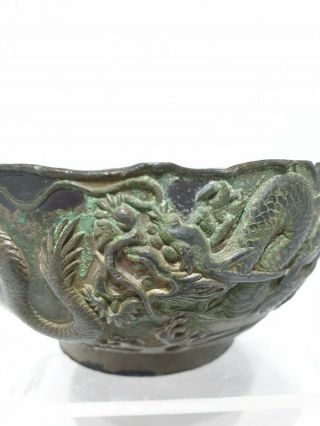 early 20thc Japanese Antique Antimony Pewter Heavy Bowl Dragons 4.  75 