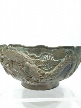 early 20thc Japanese Antique Antimony Pewter Heavy Bowl Dragons 4.  75 