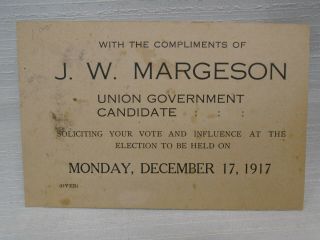 Union Government Candidate Jw Margeson 1917 Election Nova Scotia Canadian Card
