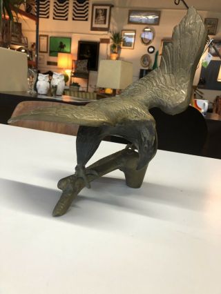 Vintage 19” Wingspan Brass Eagle On Perch Statue Cast Metal Bird Hawk Americana