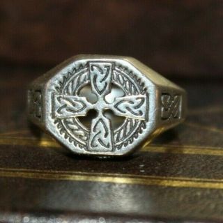 100 Authentic Designer Solid Silver Signet Ring Ancient Christian Crusaders Wow