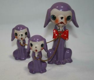 Vintage Japan Retro Purple Dog With 2 Puppies On Chains Figurines 2320