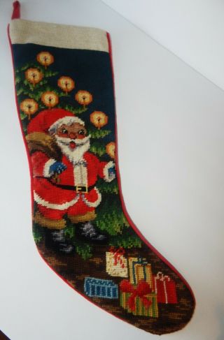 Vintage Needlepoint Christmas Santa With Presents Stocking Htf