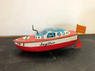 Vintage Tin Toy Patrol Boat Jupiter 7 - - Crank Friction Action - Made In Japan
