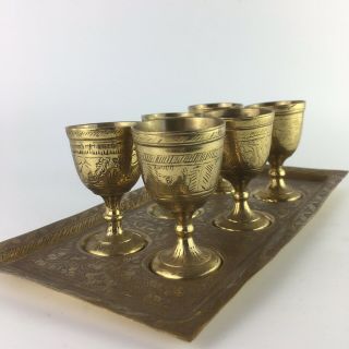 Vintage Indian Brass Lassi Cups Etched Persian Islamic Design Set Of 6 & Tray
