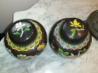 2 Vintage Chinese Cloisonne Black with Floral design Ginger Jars 2