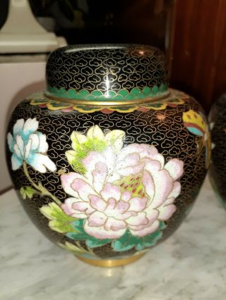 2 Vintage Chinese Cloisonne Black with Floral design Ginger Jars 3