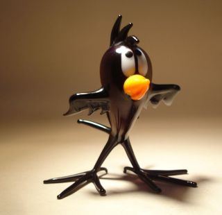 Blown Glass Figurine Bird Black Comic Baby Crow Chick