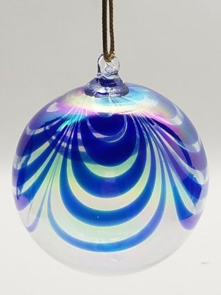 Vintage Hand Blown Art Glass Blue And Clear Christmas Ornament Ball