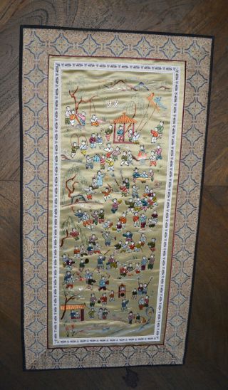 Fine Old Chinese 100 Children Hand Embroidered Silk Tapestry Panel Embroidery