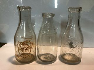 3 Vintage Milk Bottle Detroit Associated Sealtest City Dairy Quart Pyro Embossed