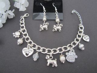 Lhasa Apso / Shih Tzu / Maltese Dog Charm Bracelet & Earrings W/ Pearls Crystals