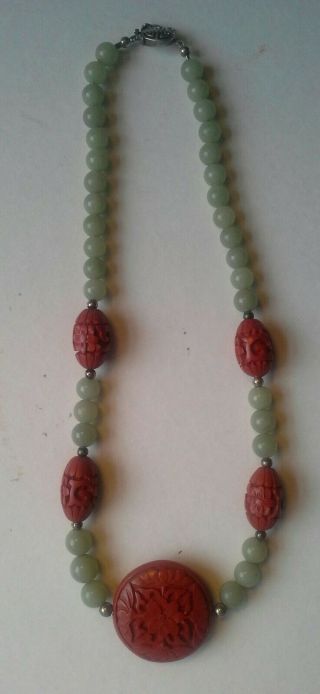 Antique Chinese Cinnabar & Jade Bead Necklace