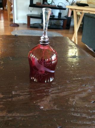 Ruby Red Crystal Bell With Cardinal Bird Etched In Glass 6 "