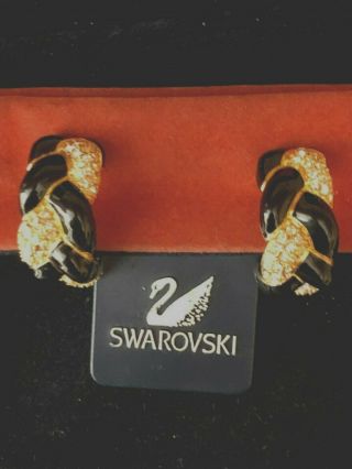 Swarovski Swan Signed Clear Crystal & Black Clip Earrings Retired
