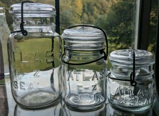 Vintage Clear Atlas E - Z Seal Mason Jars - Set Of 3 With Lids And Bailing Wires