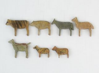Antique German Erzgebirge Putz Farm Animals Hand Carved Wood