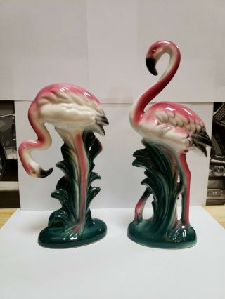 Pr.  Vintage Japanese Mcm Pink Flamingo Figurines.  Porcelain.  Excellant
