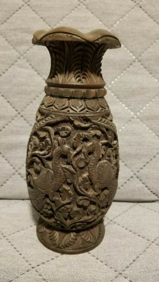 Vintage Indian Carved Dark Wood Vase