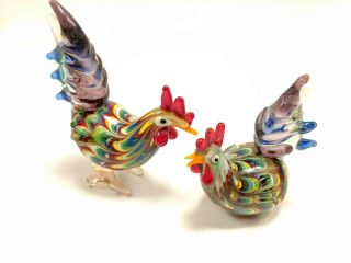 Lenox Blown Glass Vintage Chickens Rainbow Hen And Rooster Set