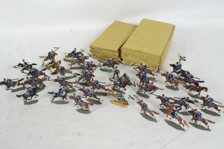 34 Vintage Tin Flats Zinnfiguren Scholtz Horses Soldiers Lead Toy W Box Folk Art