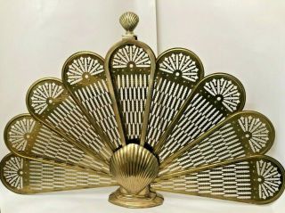 Vintage Brass Clam Shell Folding Peacock Fireplace Screen Fan Art Deco Mcm