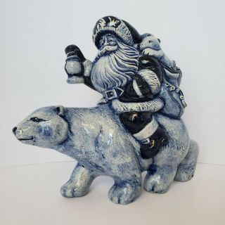 Dutch Blue Old World Santa On Polar Bear Hand Painted Ceramic Figure