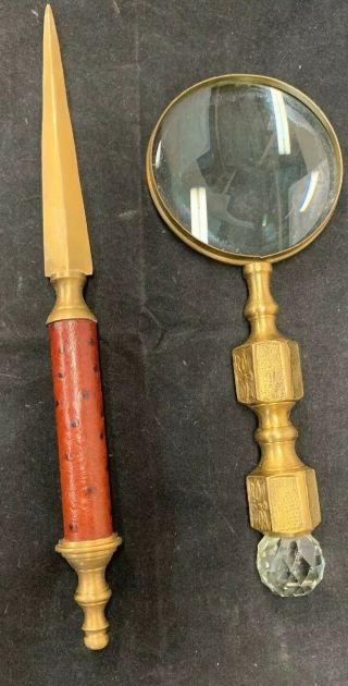 Vintage Leather And Brass Magnifying Glass And Letter Opener Desk Set