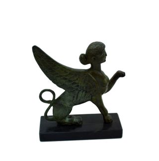 Sphinx Bronze Statue Ancient Greek Marble Based Aged Sculpture Artifact