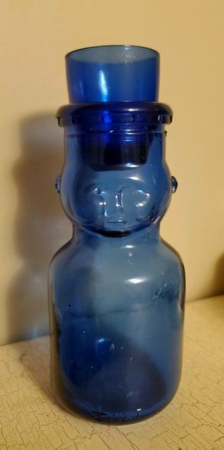 Vintage Cobalt Blue Glass Milk Bottle 1/2 Pint Liquid Baby Face & Shot Glass
