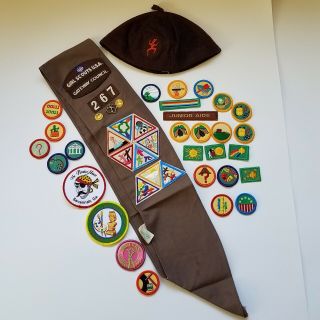 Girl Scout Brownie Sash With Badges,  Pins And Patches