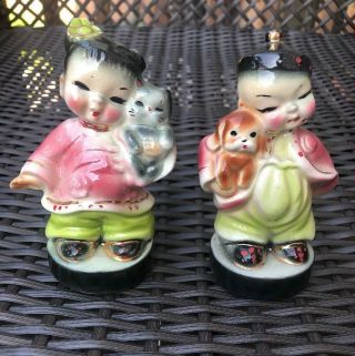 Vintage Chinese Boy And Girl Porcelain Figurine Lucky Statue Pair - With Dog/Cat 3