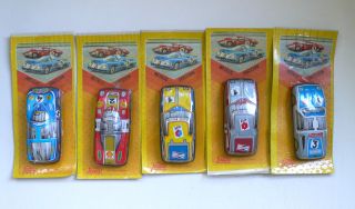 Vintage Paya Set Of 5 Tin Toy Race Cars Ferrari Porsche Datsun Mercedes Moc 70 