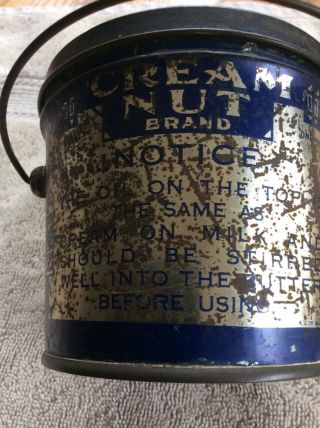 1917 Cream Nut Brand Peanut Butter 1 Lb Tin Can Pail W/handle Grand Rapids,  Mi.
