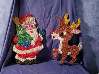 Vintage Christmas Melted Plastic Popcorn Decoration Santa & Rudolph