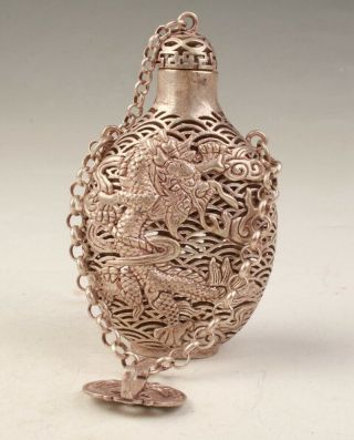 China Tibetan Silver Handmade Hollowed Carving Dragon Snuff Bottle Pendant
