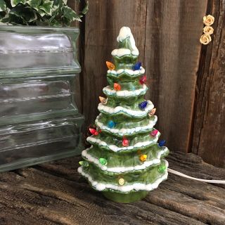 Vintage Ceramic Lighted Christmas Tree Hand Painted And Flocked Green 10 "