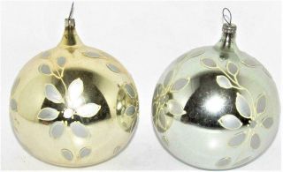2 Big Vtg Mercury Glass Glow In The Dark Floral Gold Teal Italian Ornament Set