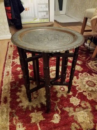 Antique/vintage Brass Tray Top Folding Wooden Table.