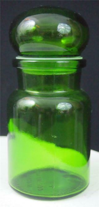 Vtg Green Glass Apothecary Jar Canister Bottle Belgium Bubble Lid 5.  5 "