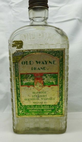 Old Wayne (indianapolis In. ) Pint Basket Weave Whiskey Bottle With Paper Label