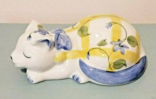 Sleeping Cat Vintage Hand Painted Floral Porcelain Bank - Andrea By Sadek Creation