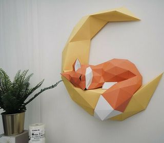 Animal Fox & Moon 3d Geometric Diy Sculpture Paper Craft Art Home Wall Decor