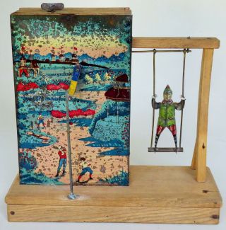 Prewar Japan Swing Wooden Case Tin Lithographed Mechanical Toy 8 1/4 " X 7 1/4 "